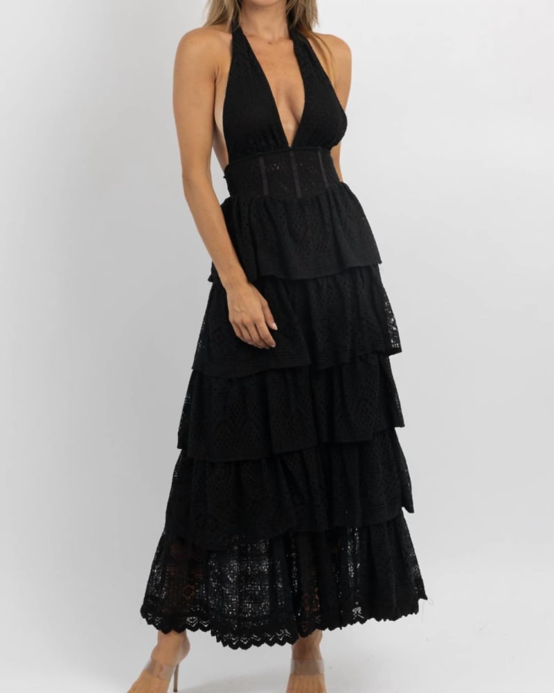 Front of a model wearing a size L Arya Eyelet Maxi Dress In Black in Black by Klesis. | dia_product_style_image_id:351461